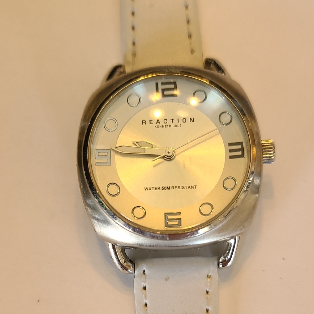 Reaction Kenneth Cole Silver Dial Watch with White Leather Strap